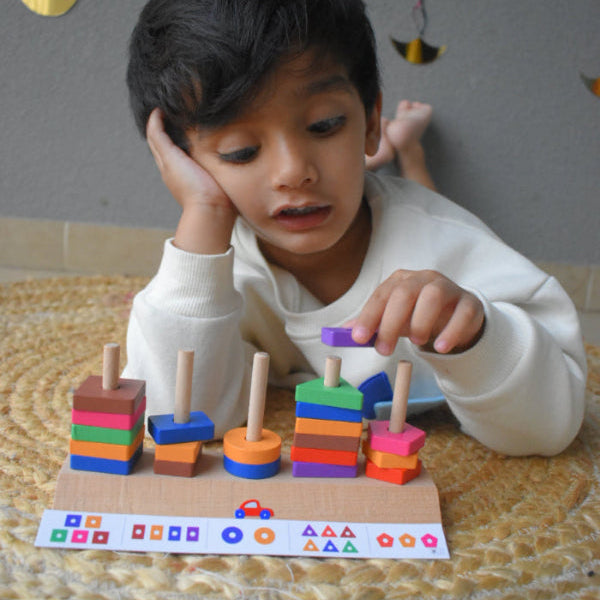 Wooden Geometric Blocks Stacker Shape Sorter Column Puzzle Montessori Education New