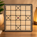 Wooden game board with geometric design on a wooden surface