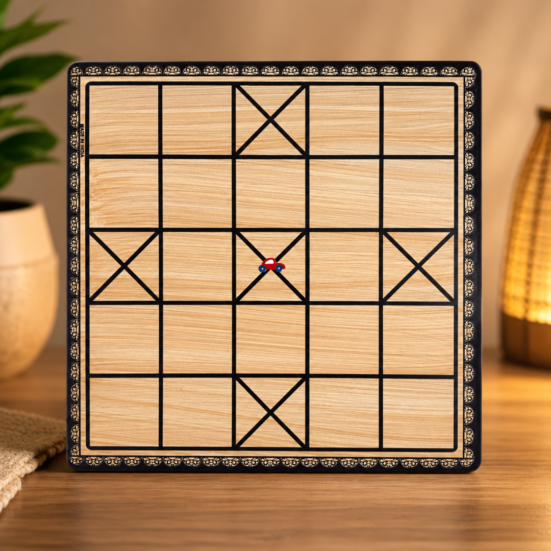 Wooden game board with geometric design on a wooden surface