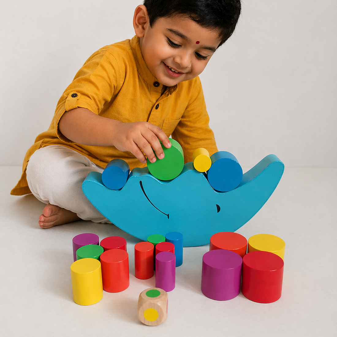 Colorful wooden toy with a smiley face on a wooden surface and curtain background