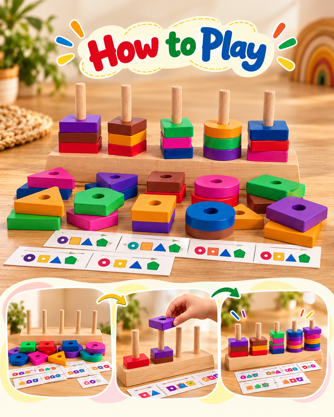 Wooden Geometric Blocks Stacker Shape Sorter Column Puzzle Montessori Education New
