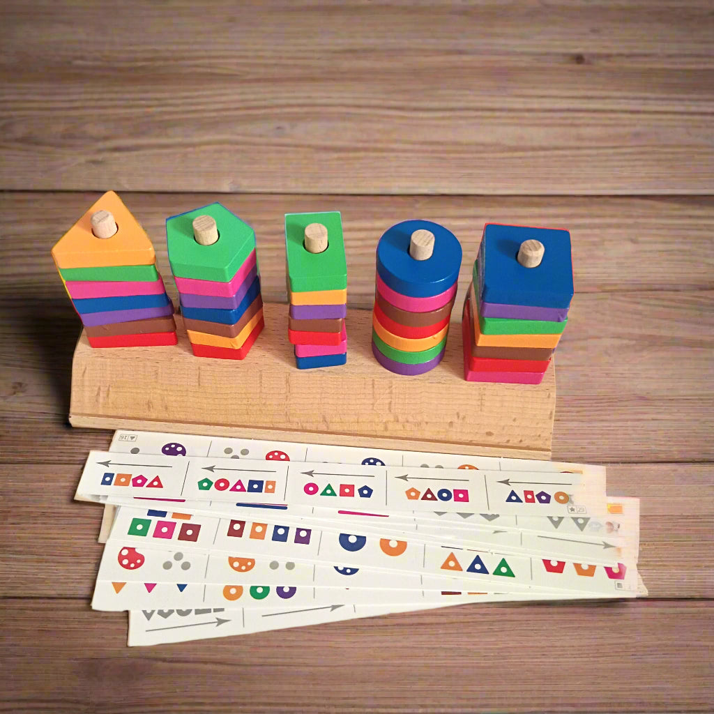 Wooden Geometric Blocks Stacker Shape Sorter Column Puzzle Montessori Education New