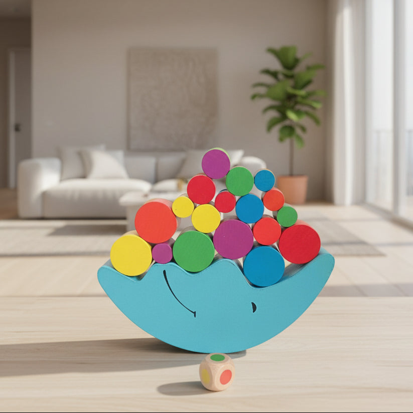 Colorful wooden toy with a smiley face on a wooden surface and curtain background