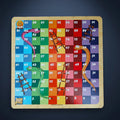 Snakes and Ladders game board with colorful squares and wooden border