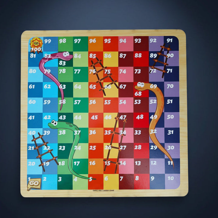 Snakes and Ladders game board with colorful squares and wooden border