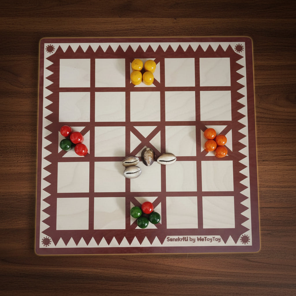 Board game with colorful markers on a gray background