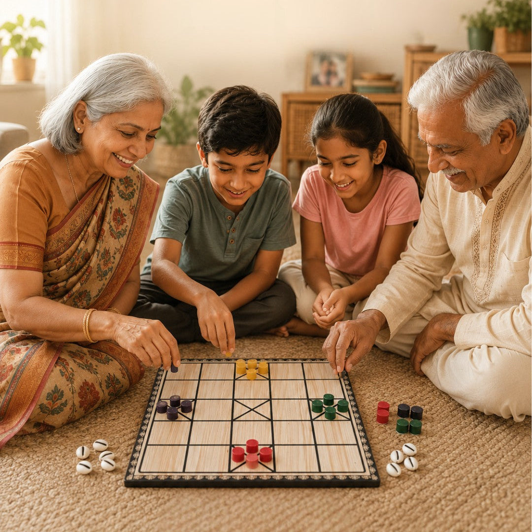 Grandparents and grandchildren playing a board game together in a cozy living room.