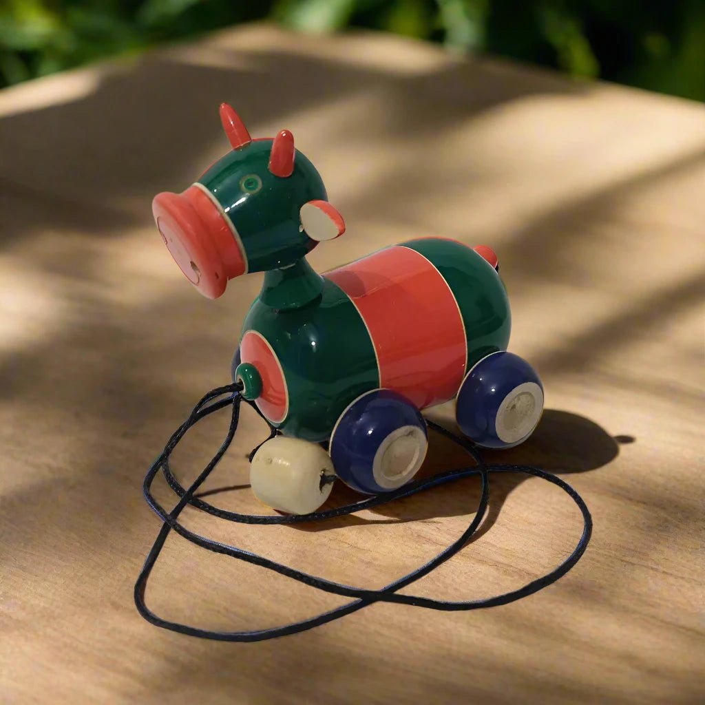 Pull Along Cow Wooden Toys for Kids Non - Toxic Material - WeToyToy Orange & Green