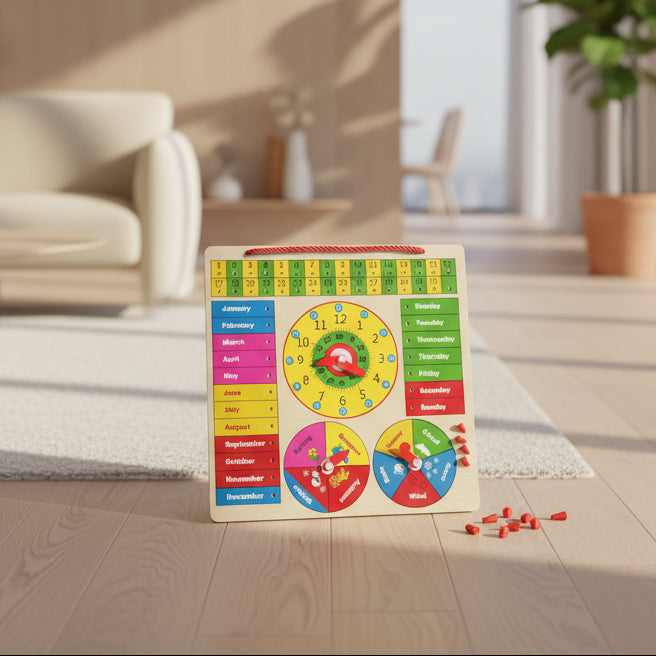 Wooden educational board with calendar, weather, and days of the week components on a white background.