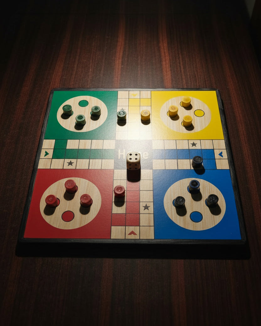 Colorful Ludo board game on a wooden table