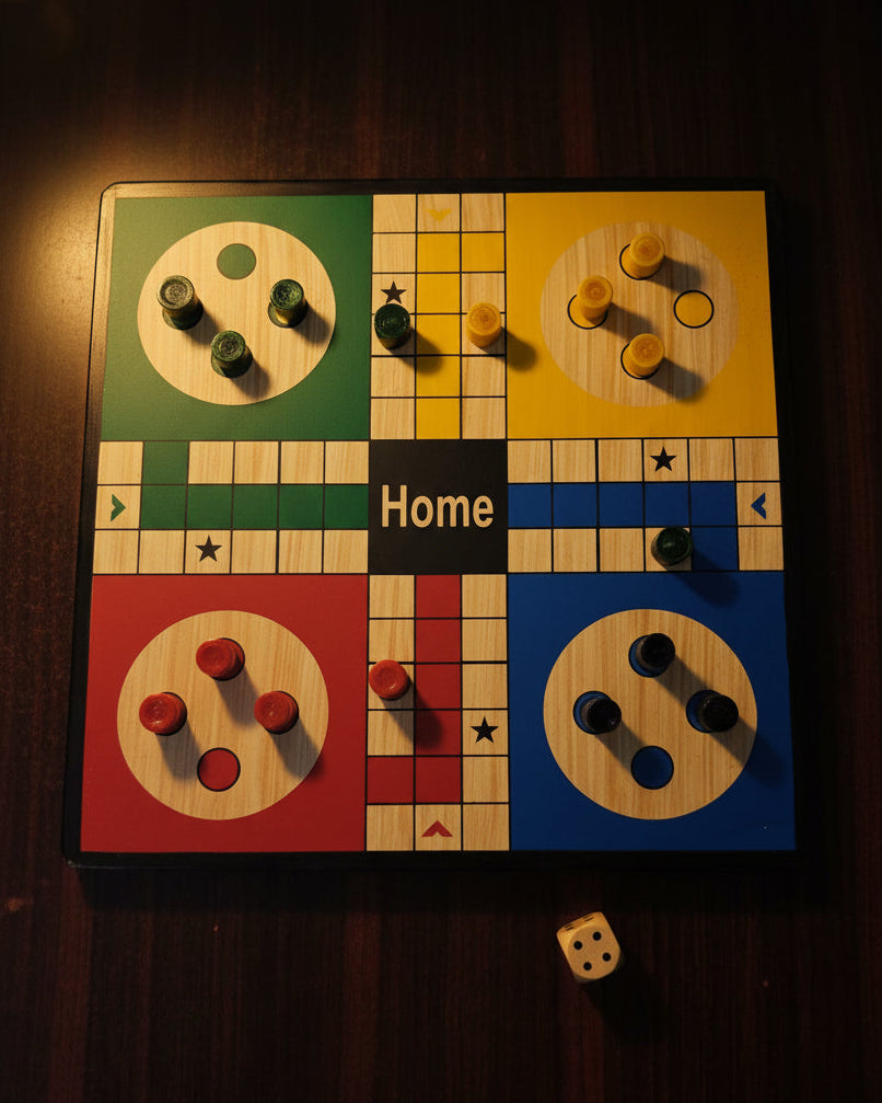 Colorful Ludo board game on a wooden table