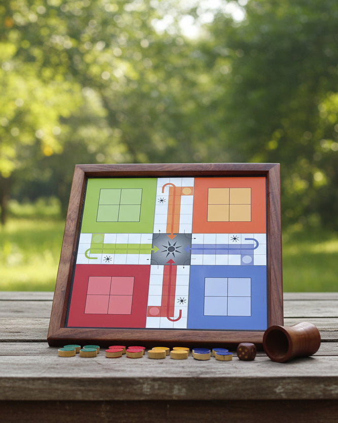 Colorful board game set on a wooden table with a natural background
