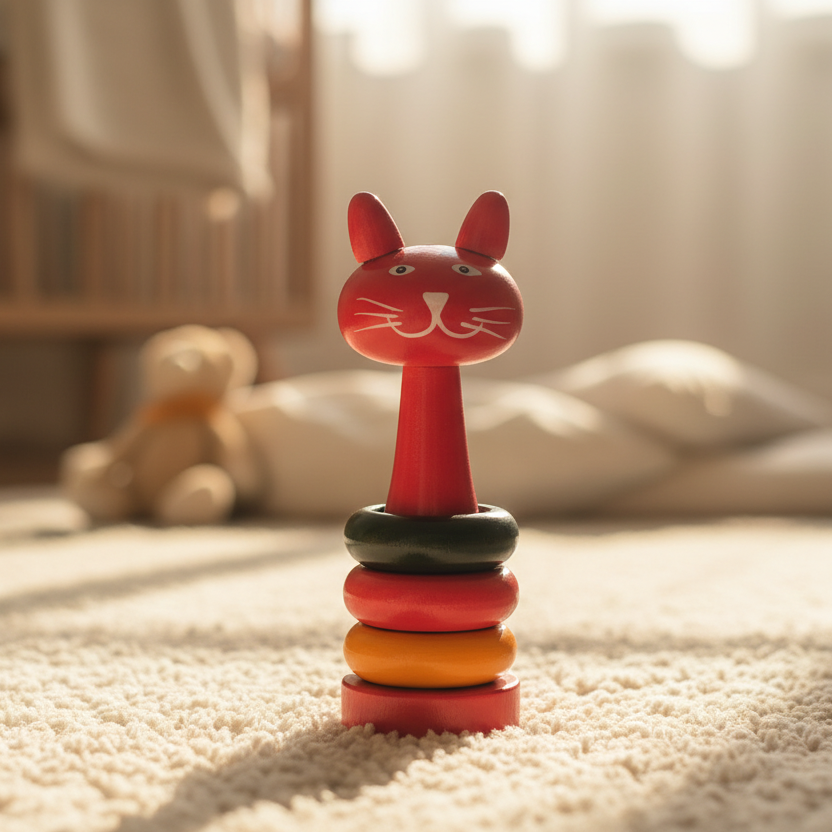 Wooden Cat Abacus Rattle Toy Montessori | Non - Toxic Paint, Eco Friendly - WeToyToy Red