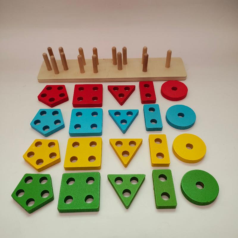 Wooden Geometric Blocks Stacker Shape Sorter Column Puzzle Montessori Education - WeToyToy 4 Column Classic