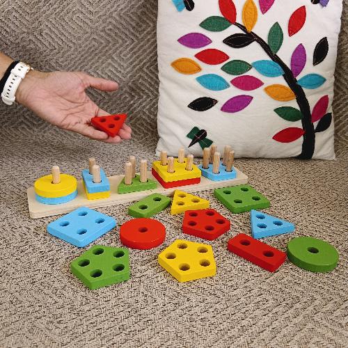 Wooden Geometric Blocks Stacker Shape Sorter Column Puzzle Montessori Education - WeToyToy 4 Column Classic