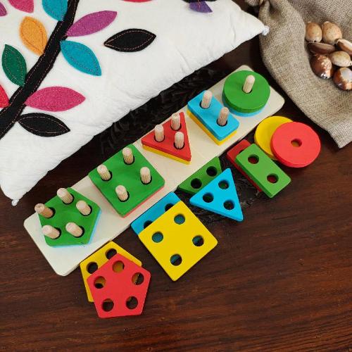 Wooden Geometric Blocks Stacker Shape Sorter Column Puzzle Montessori Education - WeToyToy 4 Column Pastel